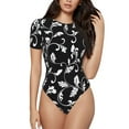 thumbnail image 2 of Uemuo Black White Leaves Pattern Women's One Piece Short Sleeve Swimsuit Rash Guard Surfing Modest Quick-drying Swimsuit Beach Essentials-Small, 2 of 9