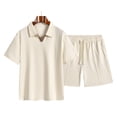 thumbnail image 5 of Men's 2 Pieces Outfits Casual Polo Shirt and Shorts Set Collar Athletic Jogging Jacquard Textured Summer Tracksuit Beige, 5 of 9