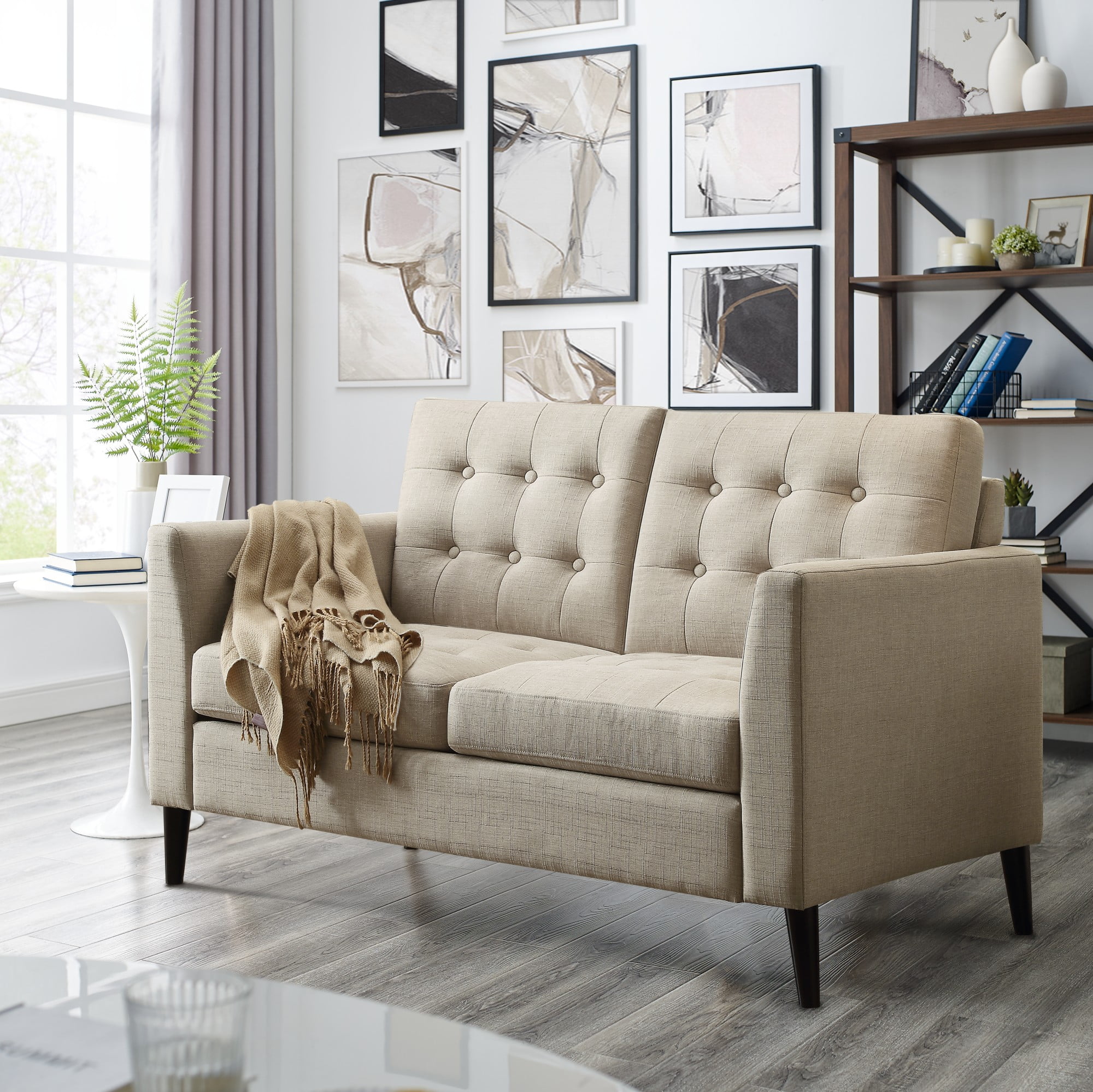 Gewnee Beige 48-Inch Linen Loveseat Sofa 2-Seater Upholstered Couch Solid Rubberwood Legs Button-Tufted Backrest for Living Room Bedroom