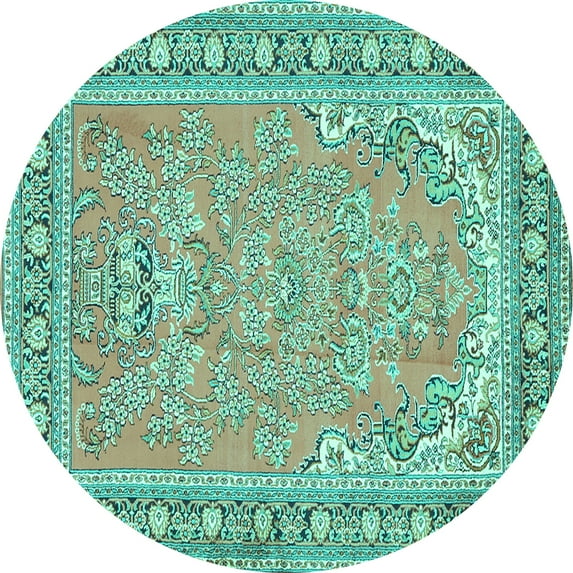 Ahgly Company Machine Washable Indoor Round Persian Turquoise Blue Traditional Area Rugs, 8' Round