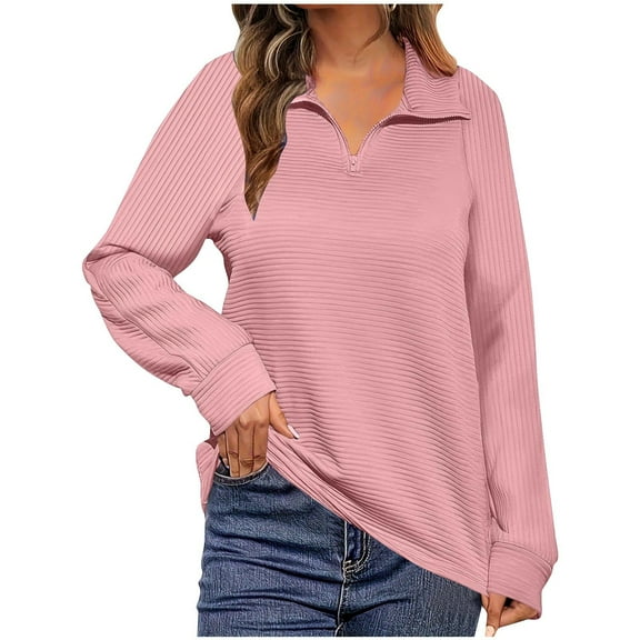 zbxnLI Women's Quarter Zip Sweatshirt Collared Long Sleeve Top Pullover Plus Size Sweatshirts for Women