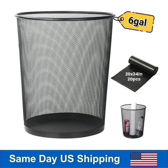 DUNCHATY 6 Gallon Metal Mesh Trash Can with Bags - Rustproof Bathroom Small Garbage Bin for Kitchen, Office, Bedroom Round Waste Basket