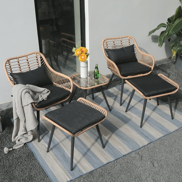 JOIVI 5-Piece Outdoor Patio Furniture Set, PE Rattan Wicker Small Patio Set  Porch Furniture, Cushioned Patio Chairs with Ottomans and Square Side Table  - Walmart.com