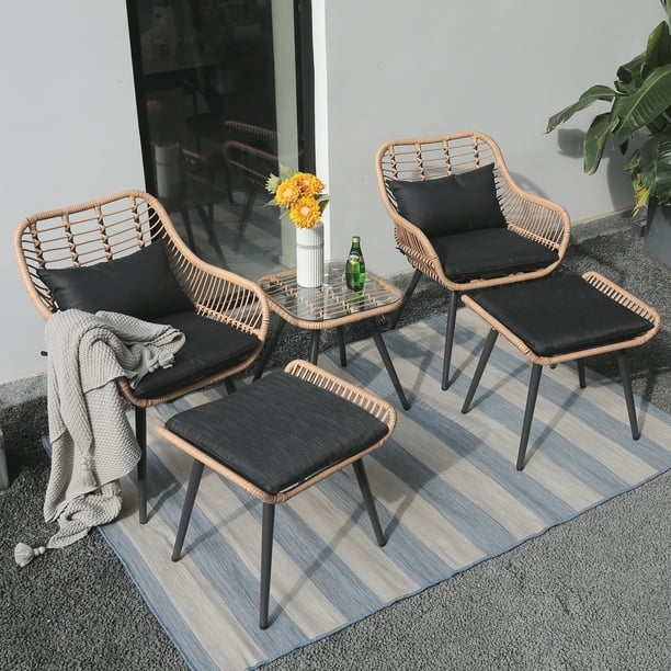 JOIVI 5-Piece Outdoor Patio Furniture Set, PE Rattan Wicker Small Patio Set Porch Furniture, Cushioned Patio Chairs with Ottomans and Square Side Table - Walmart.com JOIVI 5-Piece Outdoor Patio Furniture Set, PE Rattan Wicker Small Patio Set Porch Furniture, Cushioned Patio Chairs with Ottomans and Square Side Table - Walmart.com