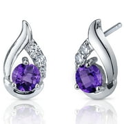 1.00 Ct Round Cut Amethyst CZ Accent Sterling Silver Stud Earrings Rhodium Finish