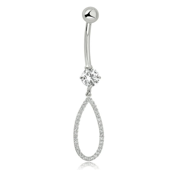 AVORA 10K White Gold Simulated Diamond CZ Open Teardrop Dangling Belly Button Ring Body Jewelry (14 Gauge)