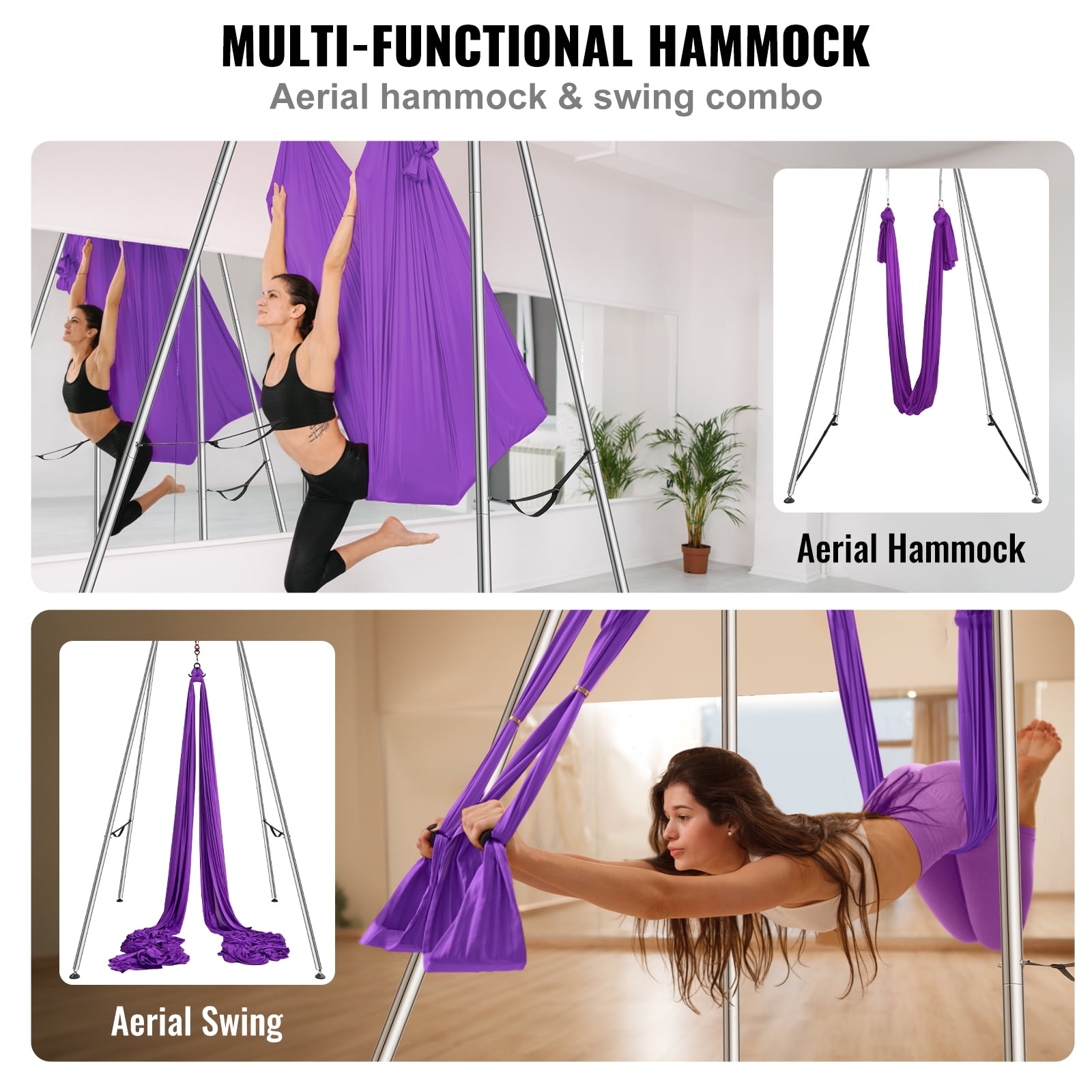 KFFKFF Yoga 551.15 lbs Swing Stand Hammock Aerial Silk Kit Load Yoga Frame Purple