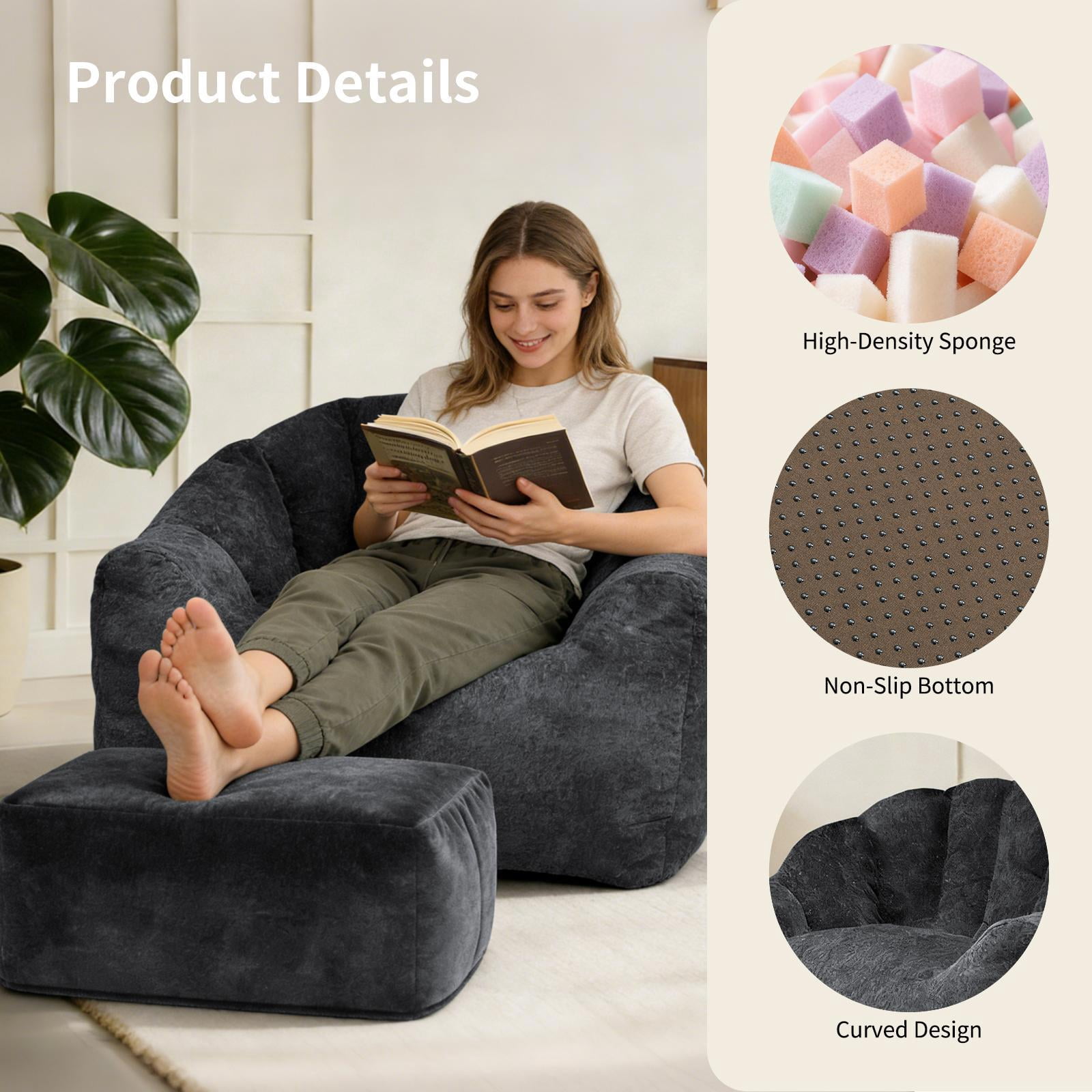 Hommoo Bean bag chair, Armrest Bean Bag Sofa Chair Filled with High-density Foam, Comfortable Lazy Sofa Chair, Adult Bean Bag Chair for Home, Black