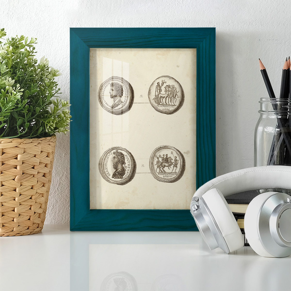 Antique Roman Coins VI -Framed Print w/glass-Ocean Blue