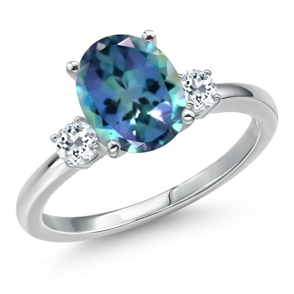 Gem Stone King 14K White Gold Millennium Blue Mystic Topaz and White Topaz Engagement Ring for Women | 3.28 Cttw | Oval 10X8MM | Gemstone November Birthstone | Size 7