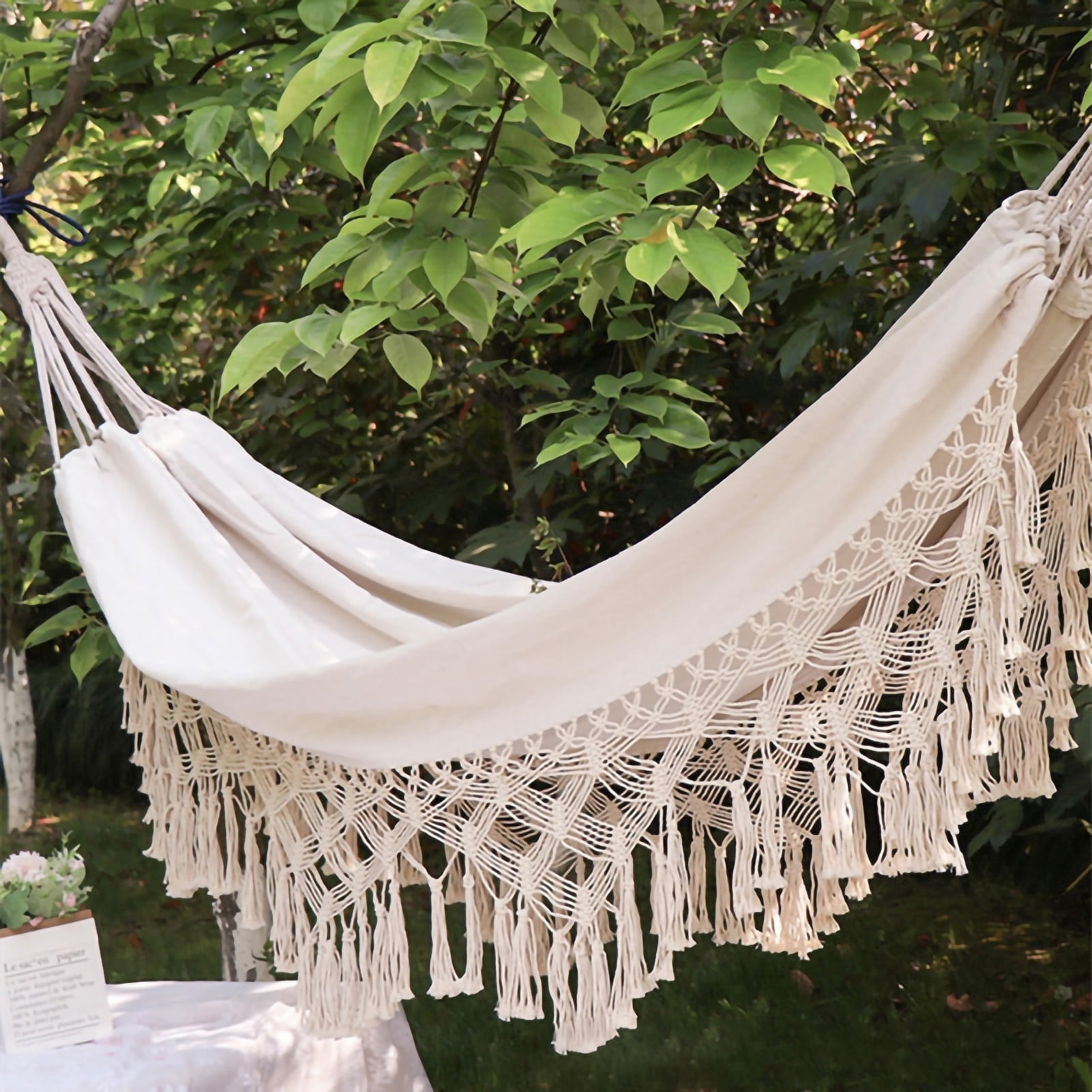 Double Hammock Wearable Portable Rustic Tassel Adult Hammock with 2 Tie Ropes Storage Bag for Camping Indoor Outdoor Beige