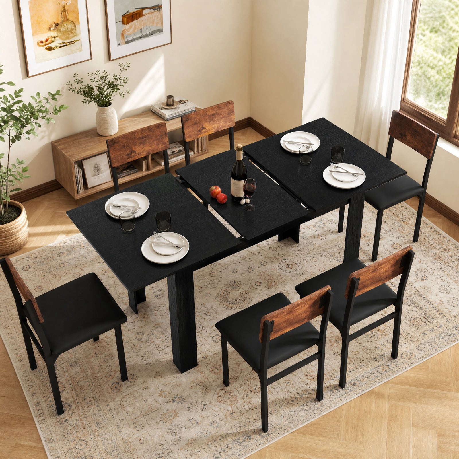 Furnibear Extendable Dining Table for 4 to 8 People with Sliding Rails and Thick L Shaped Legs for Kitchen and Dining Room, Black