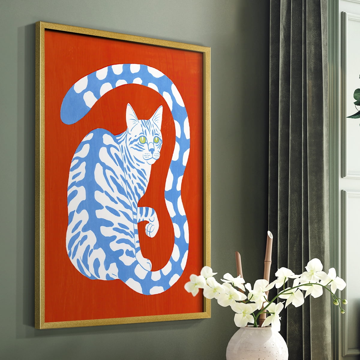 Complementary House Cat I Framed Print in Gold Solid Wood Framed Print No Nail Hanging