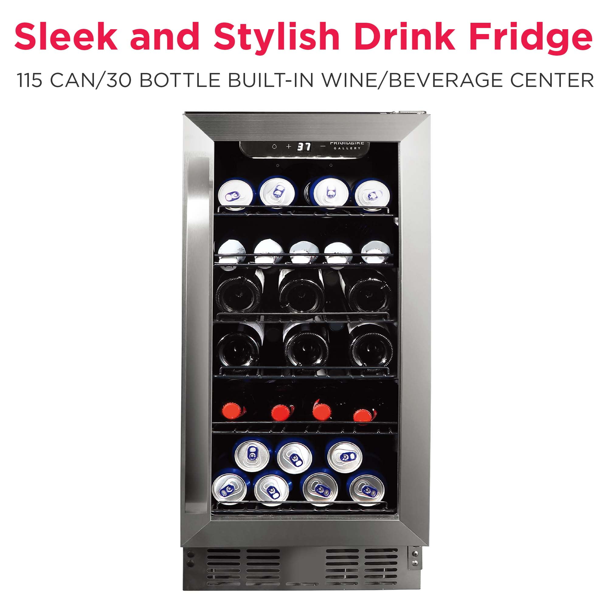 Frigidaire Gallery 15" Beverage Refrigerator with Glass Door, Holds 115 Cans or 30 Bottles, Built in or Freestanding Under Counter Beverage Fridge with LED Light