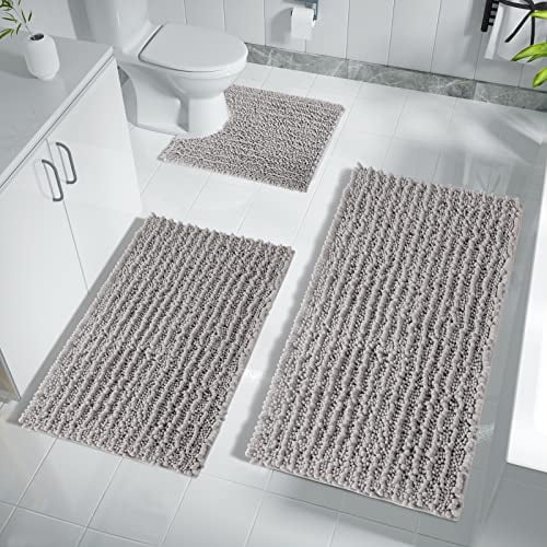 Juego de alfombras de baño Yimobra, 3 piezas, chenilla absorbente, gris
