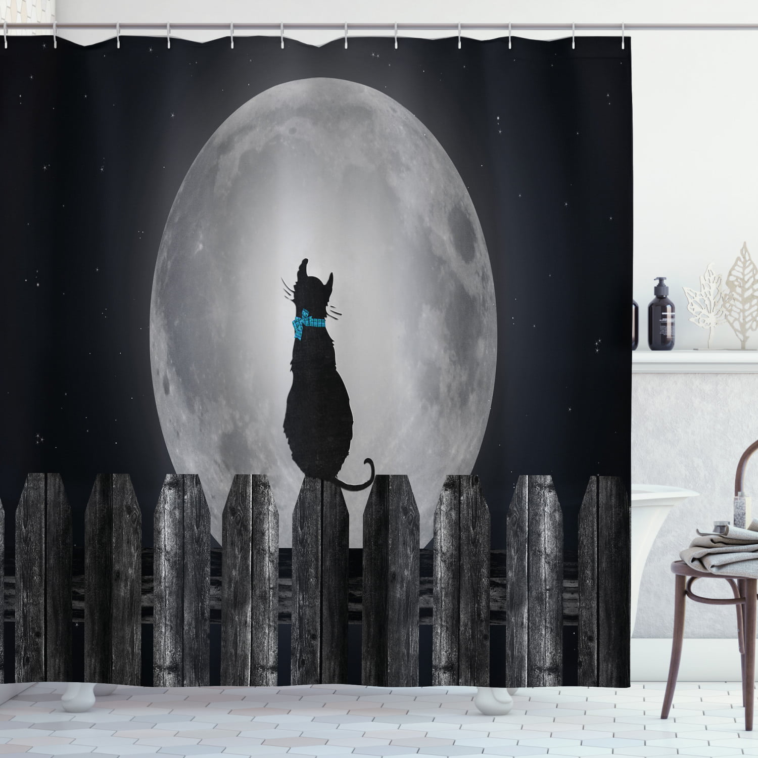 Details about  / Moon Petting Cat Shower Curtain Bathroom Decor Fabric 12hooks 71in