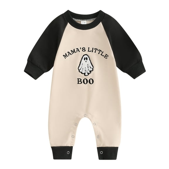 Elippeo Baby Boys Halloween Casual Romper Long Sleeve Crew Neck Letter Ghost Embroidery Jumpsuit 3 6 12 18Months