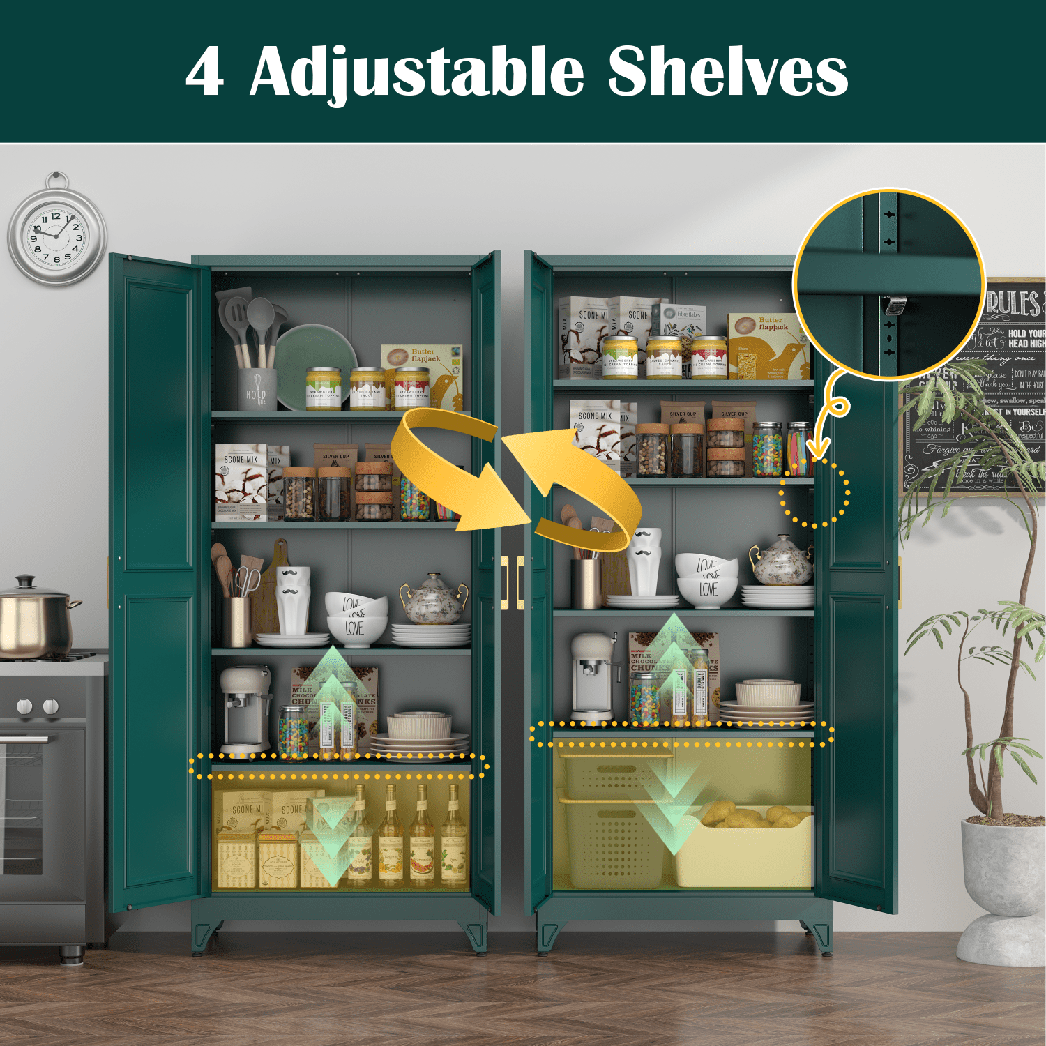 Polup 75" Height Metal Green Storage Cabinet, Modern Tall Steel Pantry Cupboard with 2 Doors and Adjustable Shelves for Kitchen Garage and Home