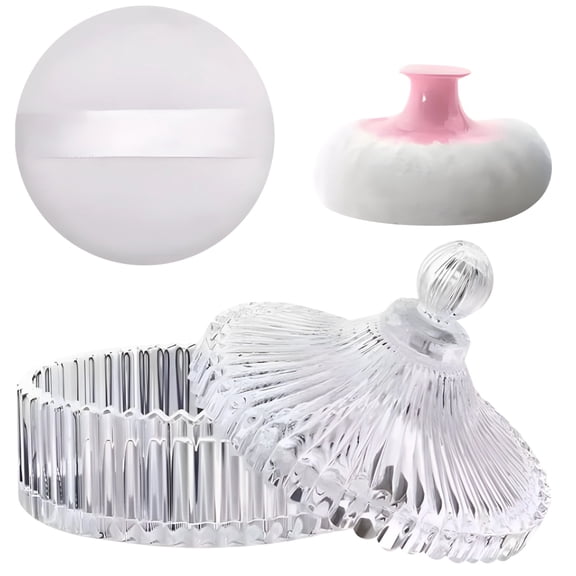 Body Powder Puff and Container Extra Large, Glass Fiber, Transparent Striped Design, Dusting Powder Container with Puff for Women, Large Capacity, Decorative and Quality
