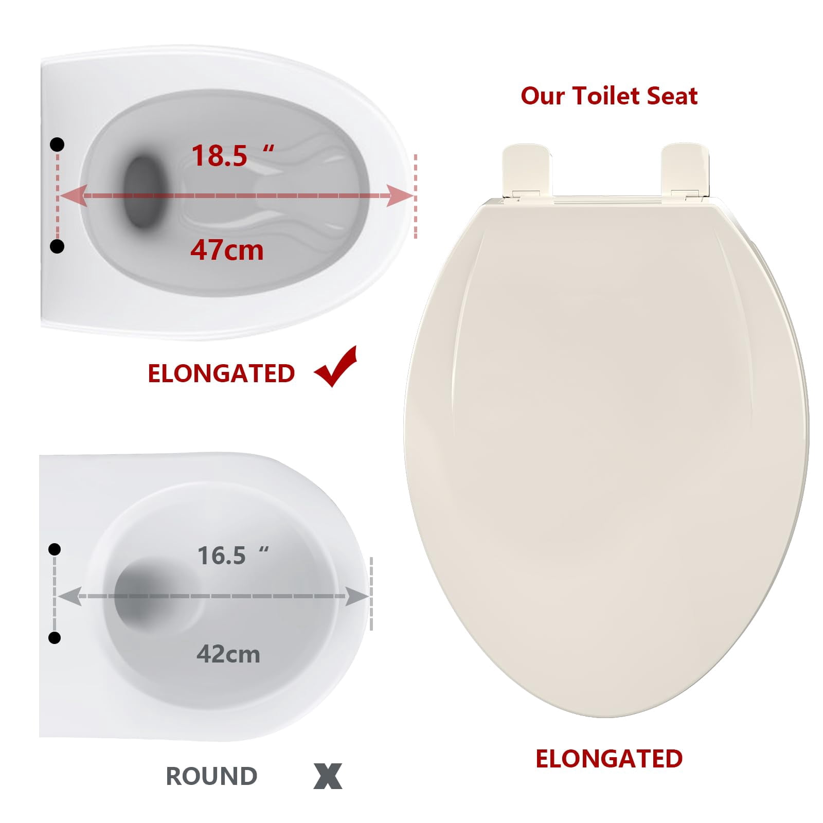 Elongated Toilet Seat, Slow Close Toilet Cover Seat for Easy Clean and Stain-Resistant, Plastic Toilet Seat with Cover, Quick-Release Hinges and Quick-Attach Hardware, Almond