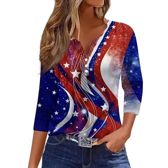 Women's 250th Anniversary USA Shirt Patriotic American Flag Print V-Neck Button 3/4 Sleeve T-Shirt