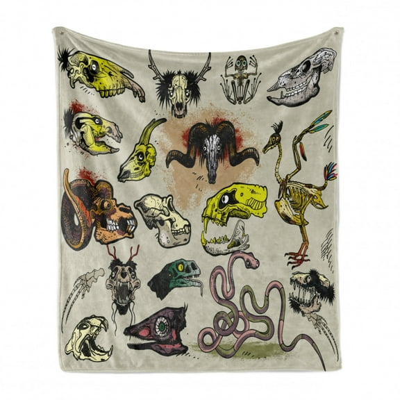 Modern Soft Flannel Fleece Throw Blanket, Animal Skeleton Composition with Gothic Faces Dead Creatures Illustration, Cozy Plush for Indoor and Outdoor Use, 50" x 70", Multicolor, by Ambesonne
