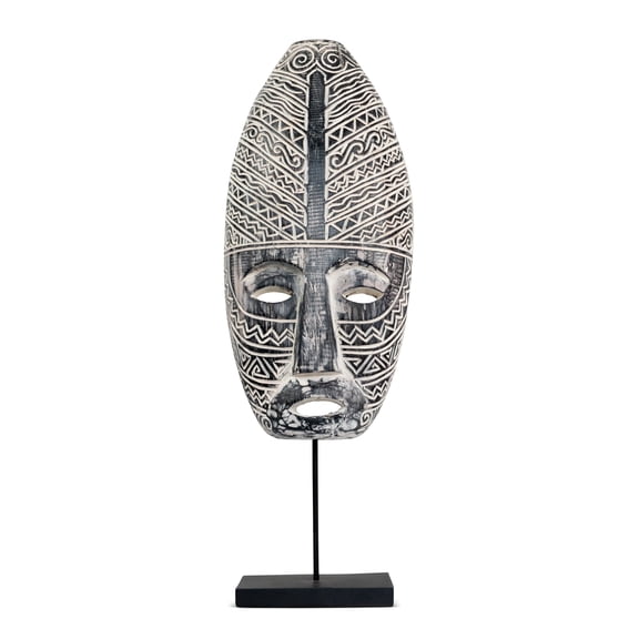 21" Wooden Hand Carved Tribal Ethnic Primitive Mask on Stand Sculpture Figurine Statue Handmade Home Decor Accent Handcrafted Art