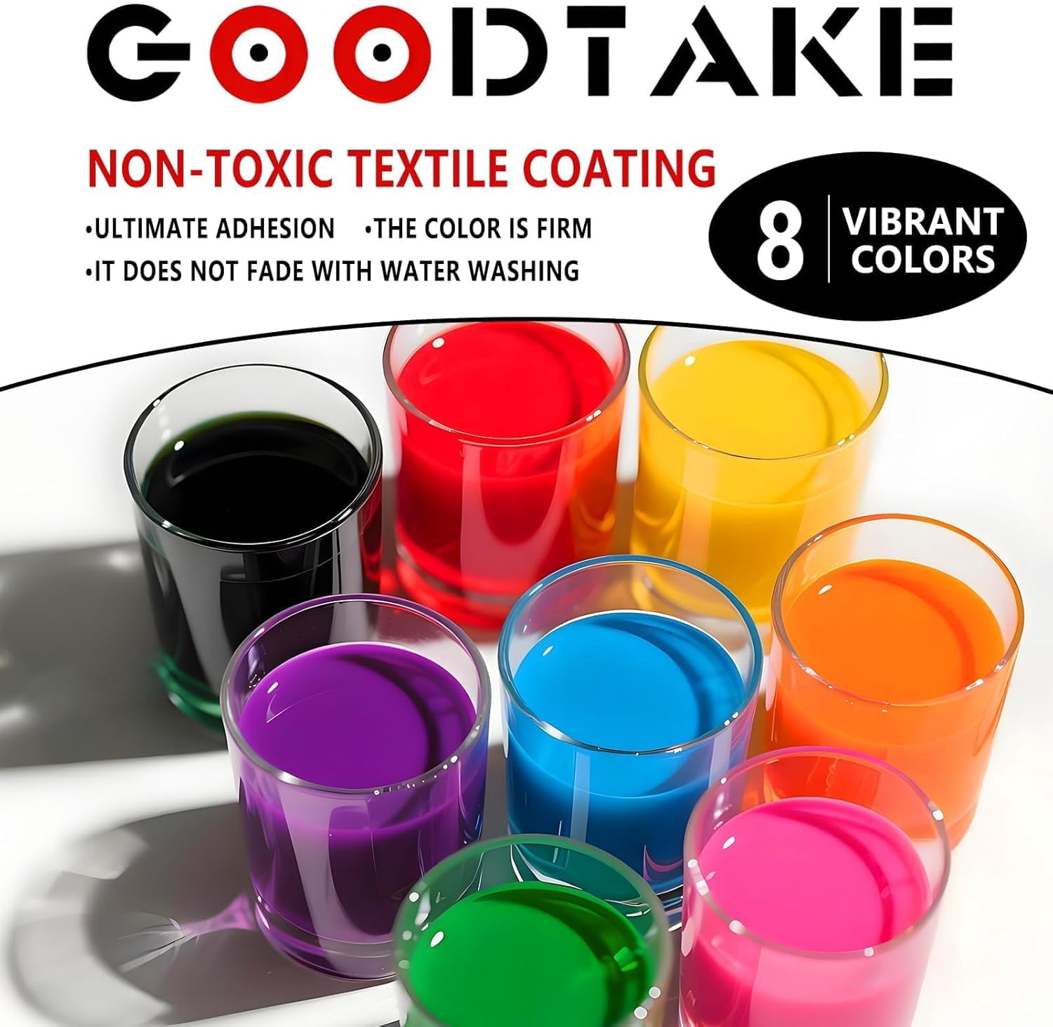 GOODTAKE Fabric Paint Set of 5 Colors - 250ml (9 Fl Oz) Each Bottle - Permanent Acrylic Paint for Fabric & Clothes - Vivid Pink, Green, Black, Orange, Sky Blue for DIY T-Shirts, Jeans & Textile Art