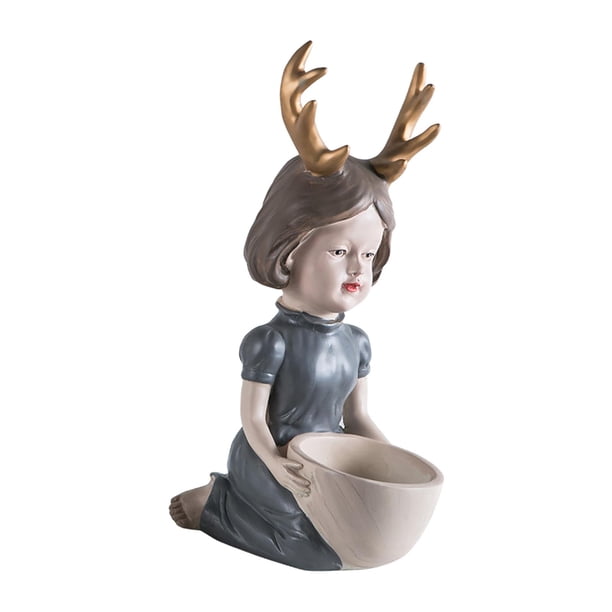 Estatua de niña, adorable diseño de niña con cuernos, coleccionable, personajes creativos, escultura Gris