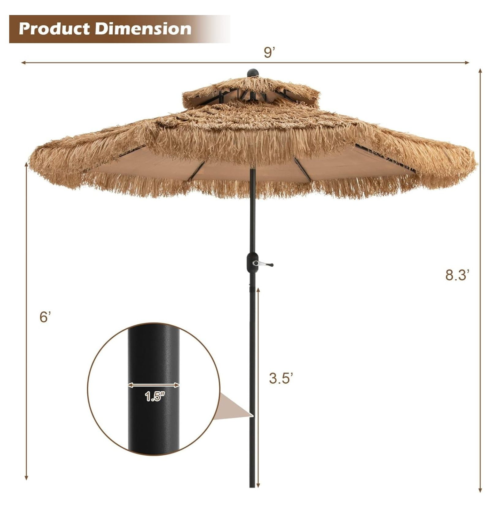 9FT Thatched Tiki Patio Umbrella - 2-Tier Hawaiian Hula Style Beach Umbrella w/8 Ribs, Tilt Adjustment & Crank Lift, Straw Grass Pool Umbrellas, Tropical Palapa Tiki Umbrella Outdoor Patio