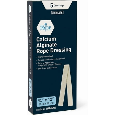 Med Pride Calcium Alginate Rope Dressing, 5 pack 2cm x 30cm Sterile Gel Wound Care Pads Nonstick Gauze for Wounds