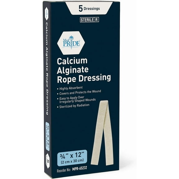 Med Pride Calcium Alginate Rope Dressing, 5 pack 2cm x 30cm Sterile Gel Wound Care Pads Nonstick Gauze for Wounds