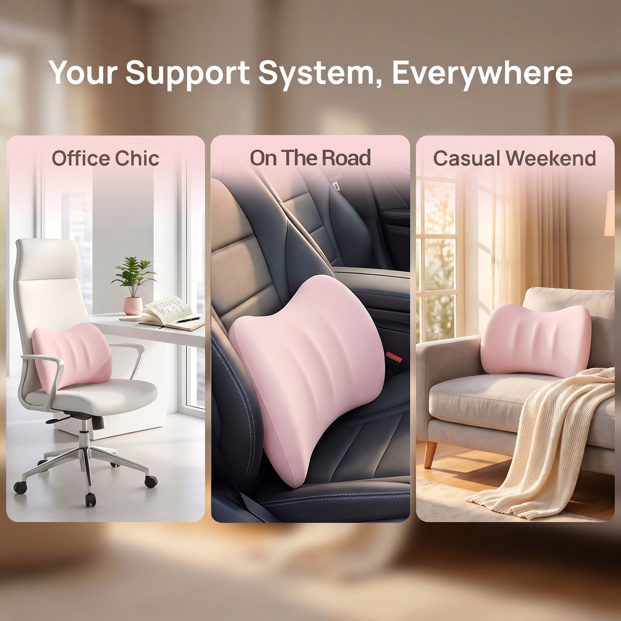 Unique Bargains Lumbar Support Pillow Memory Foam Back Support Pink 16.5" x 3.9" x 12.2"
