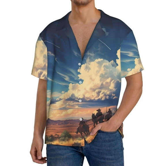 Rateoe Western Desert Cloud Cowboy Print Mens Front Pocket Hawaiian Shirts Casual Shirts Short Sleeve Button Down Beach Tropical Shirts-Small