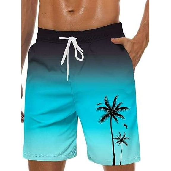 JASGARDE Men's Swim Trunks Hawaii Series Pattern Fashionable Sports Beach Shorts with Pockets Size S-3XL