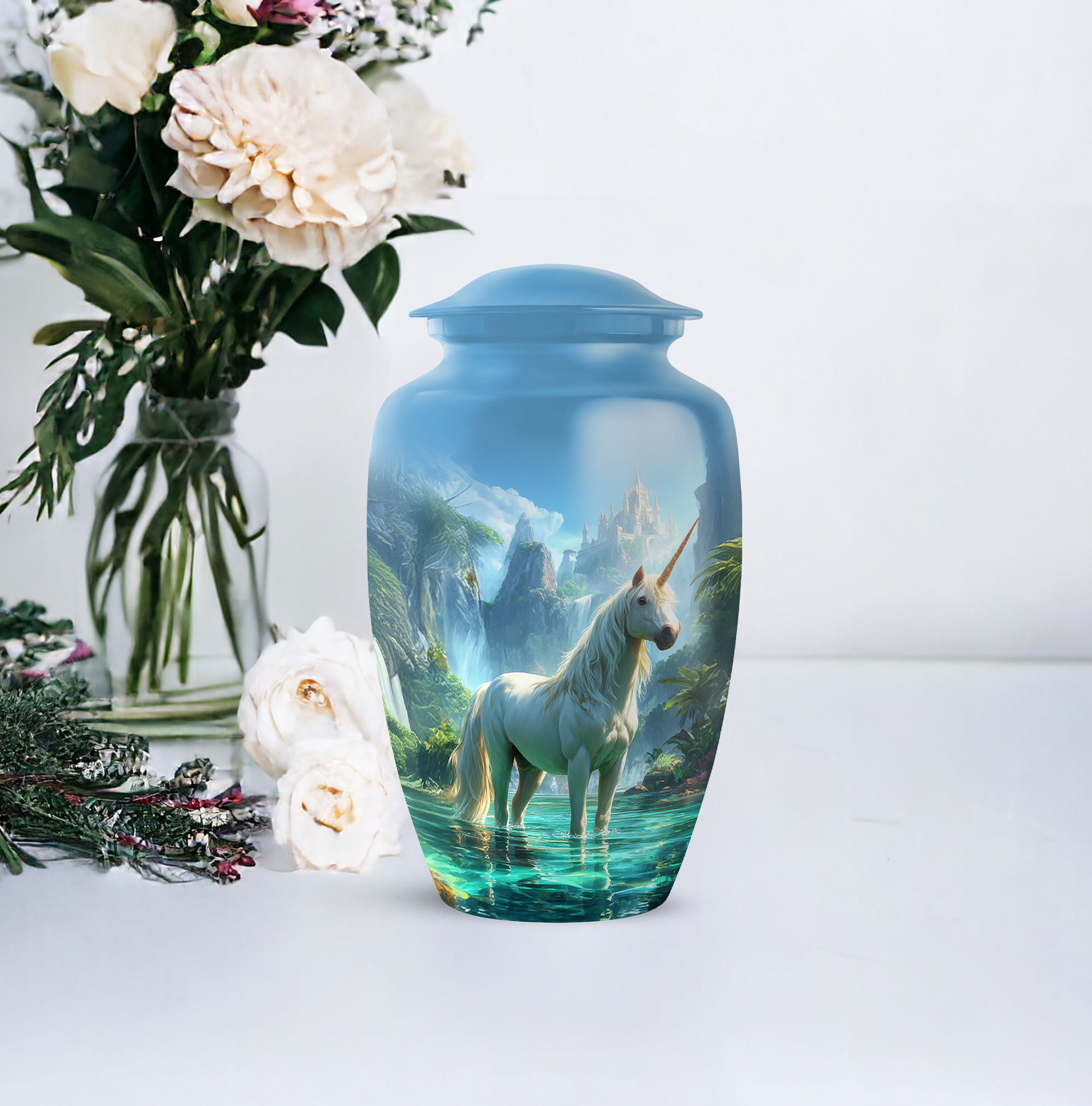 Unicorn Cremation Urn For Mom, Blue Urn For Adult Male, Cloud Large Decorative Urns For Ashes For Women 10-inch, Funeral Burial Urns For Human Ashes Adult Man