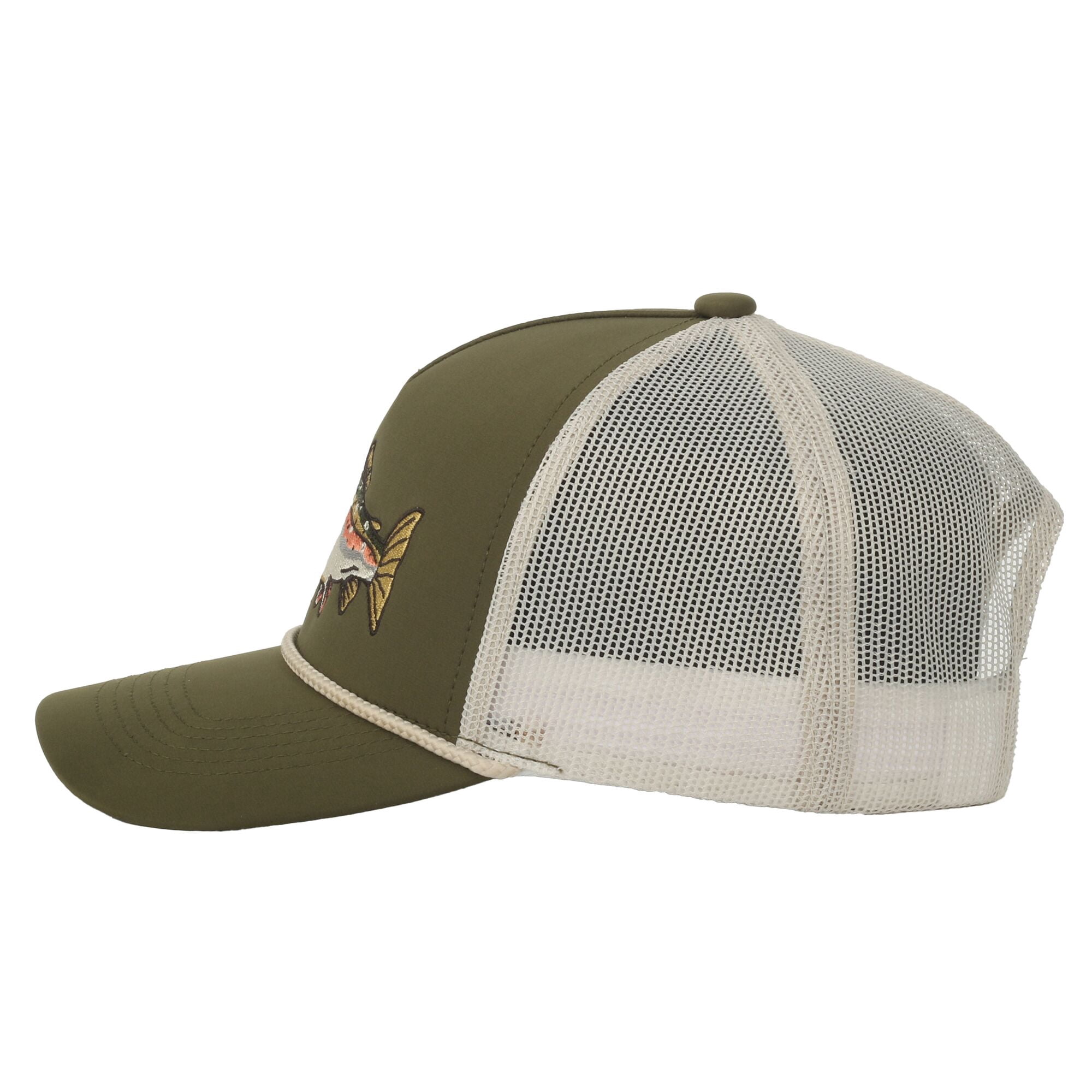 Olive/Putty Rainbow Trout 5-Panel Cap – Structured, Embroidered, Snapback, One Size