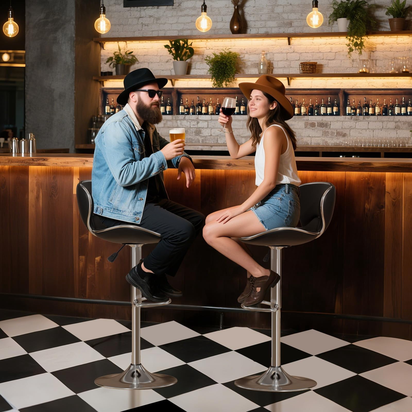 Adjustable Swivel Bar Stools Set of 2 , Modern PU Leather Upholstered Bar Chairs with Chrome Base for Kitchen Island, Dining Room, Pub, Counter (Black,Silver Base)