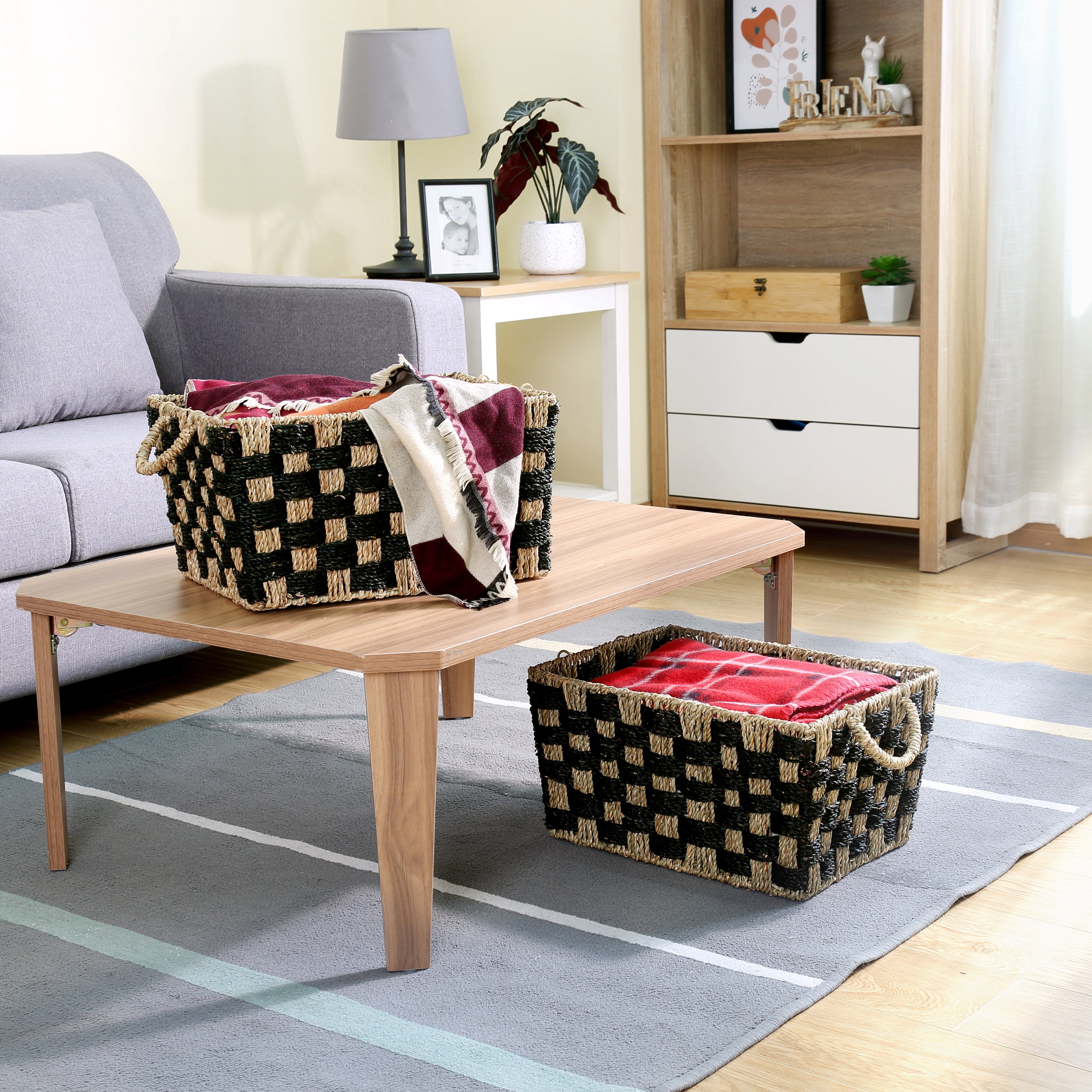 Better Homes & Gardens Large Rectangle Checkered Seagrass Storage Basket with Handles, 2 Pack