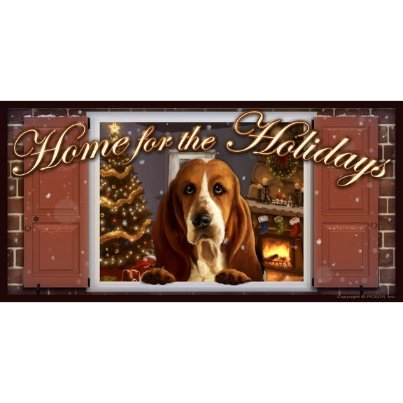 Basset Hound Home for the Holidays "Paws on the Windowsill" Dog Sign Plaque featuring the art of Scott Rogers