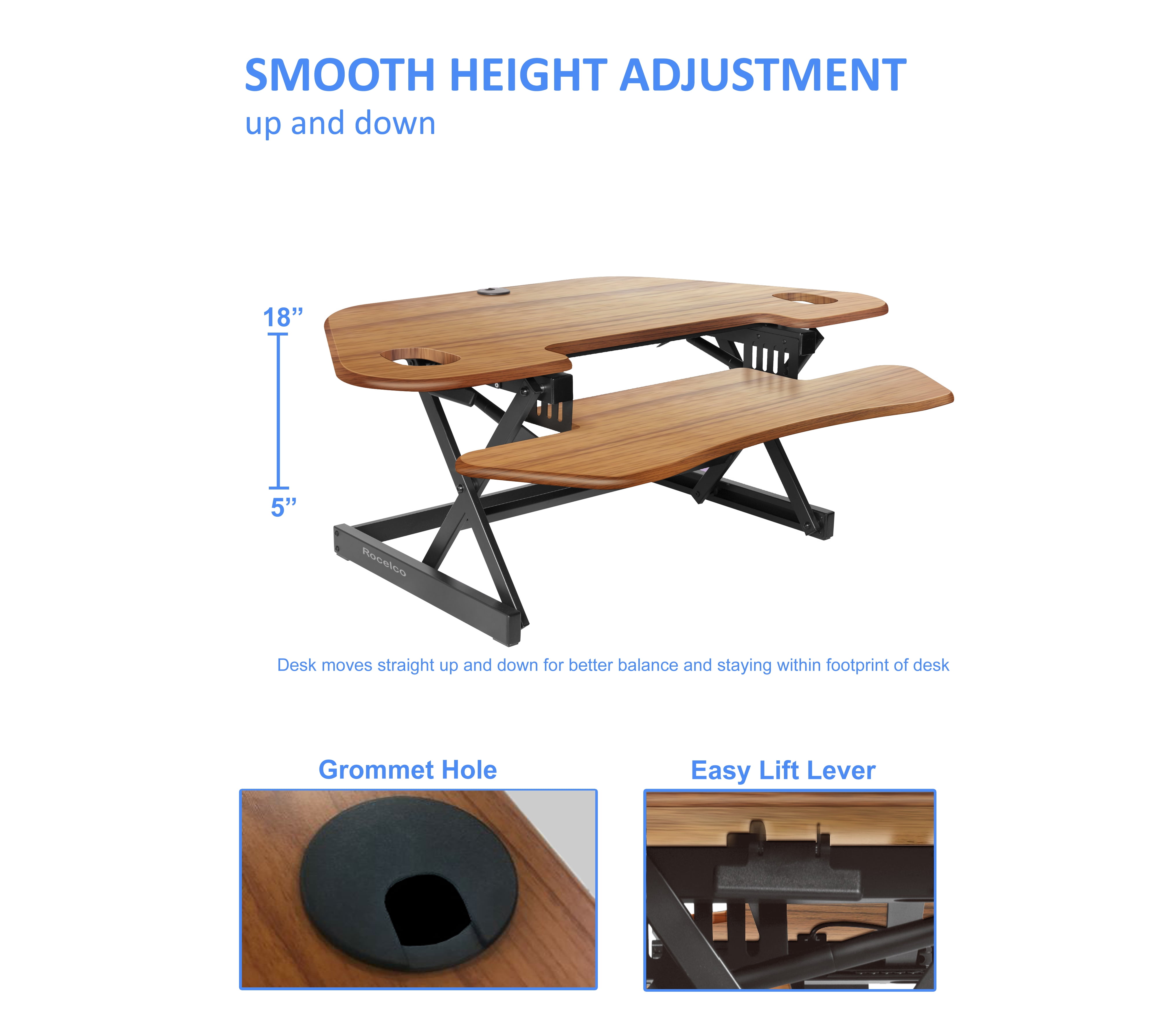 Rocelco 46" Large Height Adjustable Corner Standing Desk Converter, Quick Sit Stand Up Dual Monitor Riser, Gas Spring Assist Computer Workstation, Wide Keyboard Tray, Teak Wood Grain (R CADRT-46)