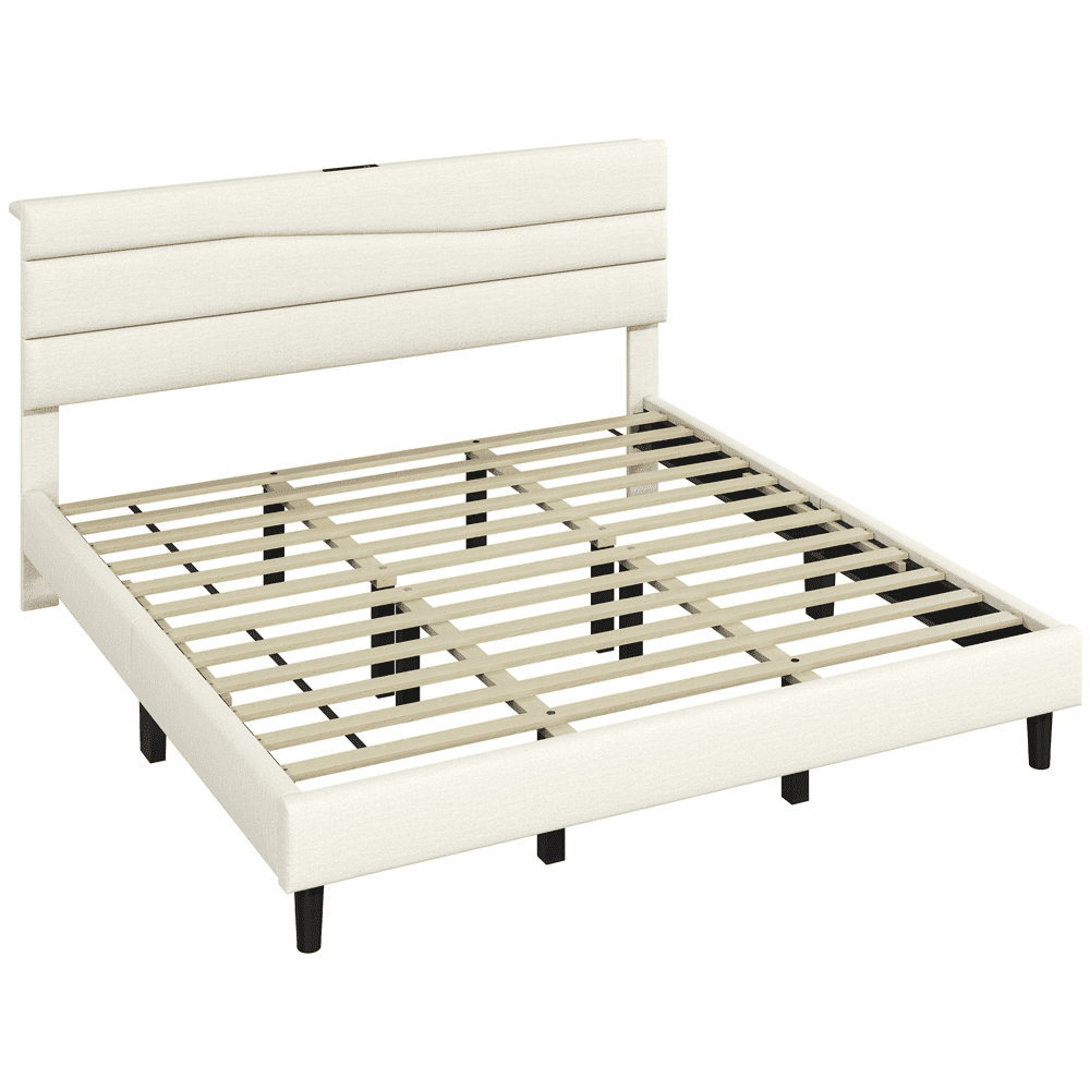 Renwick King Upholstered Bed Frame with Charging Station, Beige