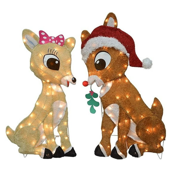 32" Rudolph & Clarice Christmas Yard Decor - Pre-Lit with Mistletoe - Holiday Outdoor Lawn Decorations - Durable Metal Frame - 2 Piece Set