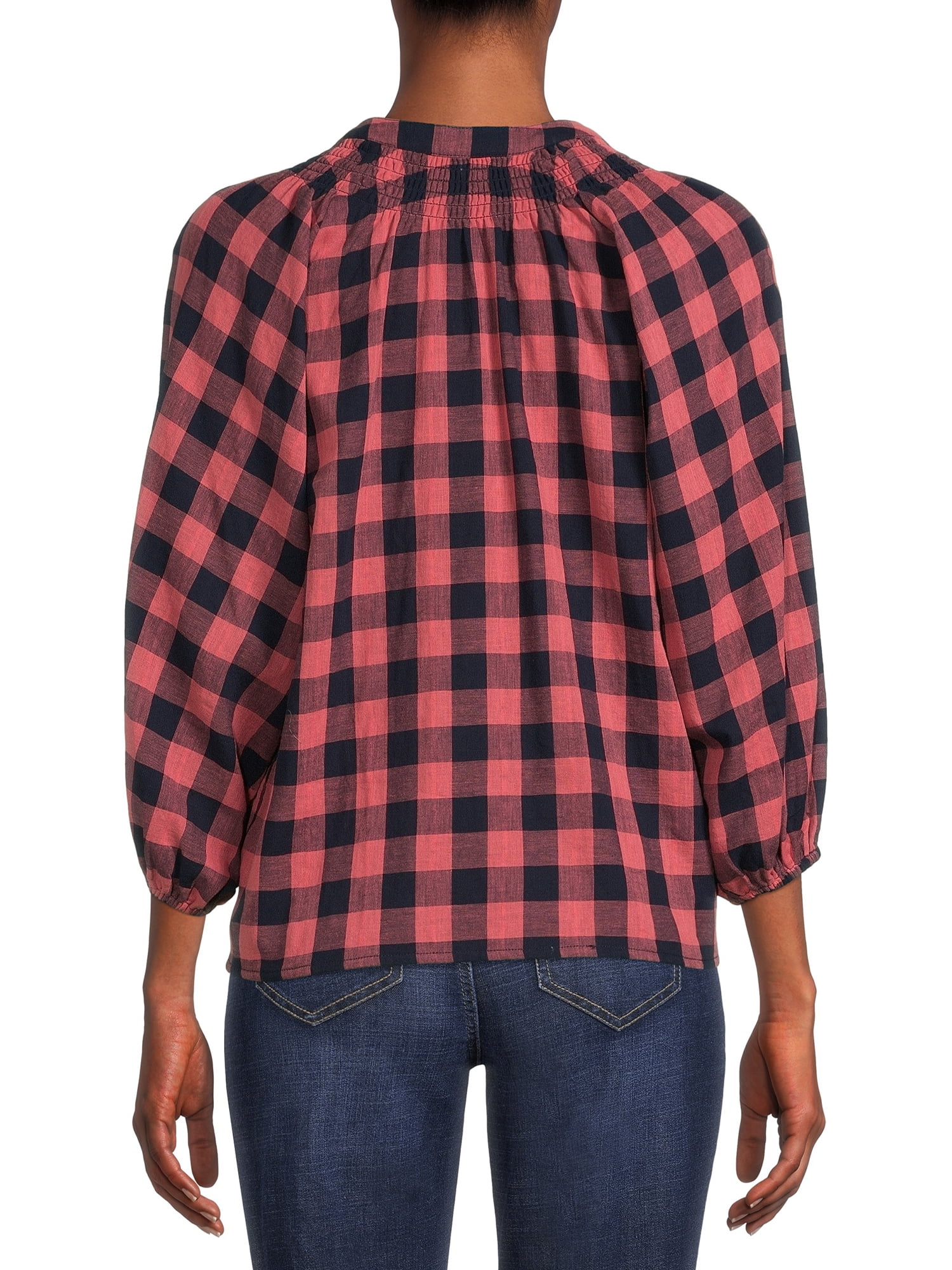 Time and Tru Women's Button Down Top with Puff Sleeves