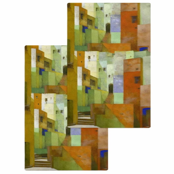 Abstract Yellow Kitchen Dish Towels for Drying Dishes Set of 2, Painting Buildings Geometric Modern Art Waffle Weave Microfiber Hand Tea Bathroom Towels Quick Dry & Absorbent Towel 15.7x23.6