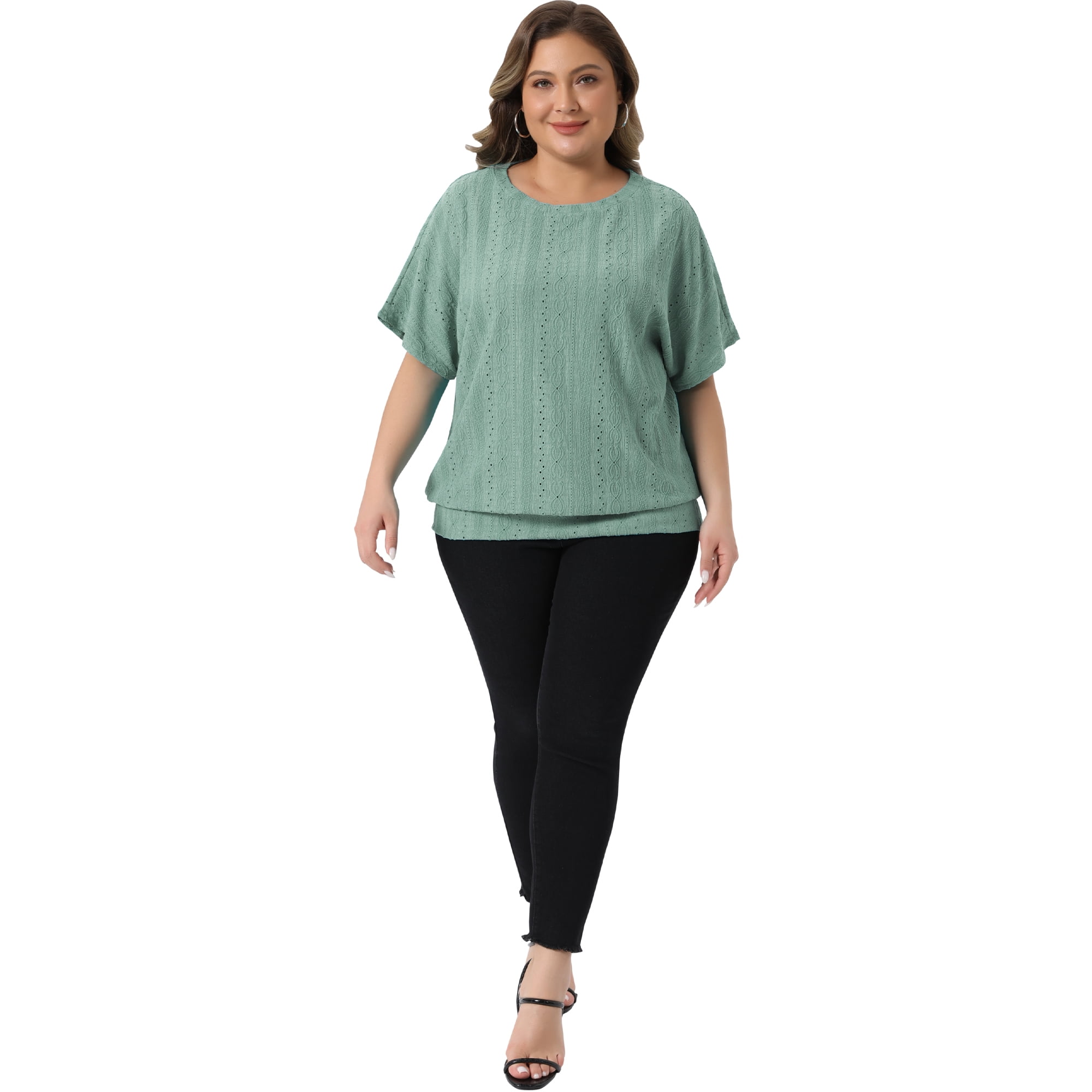 DARING DIVA Women's Plus Crew Neck Hollow Short Sleeve T Shirt 1X Green