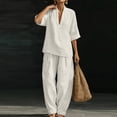 thumbnail image 5 of Domzest Two Piece Linen Sets for Women Short Sleeve V Neck Tunic Top Matching Wide Leg Pants Casual Loose Outfits With Side Pockets White S, 5 of 6