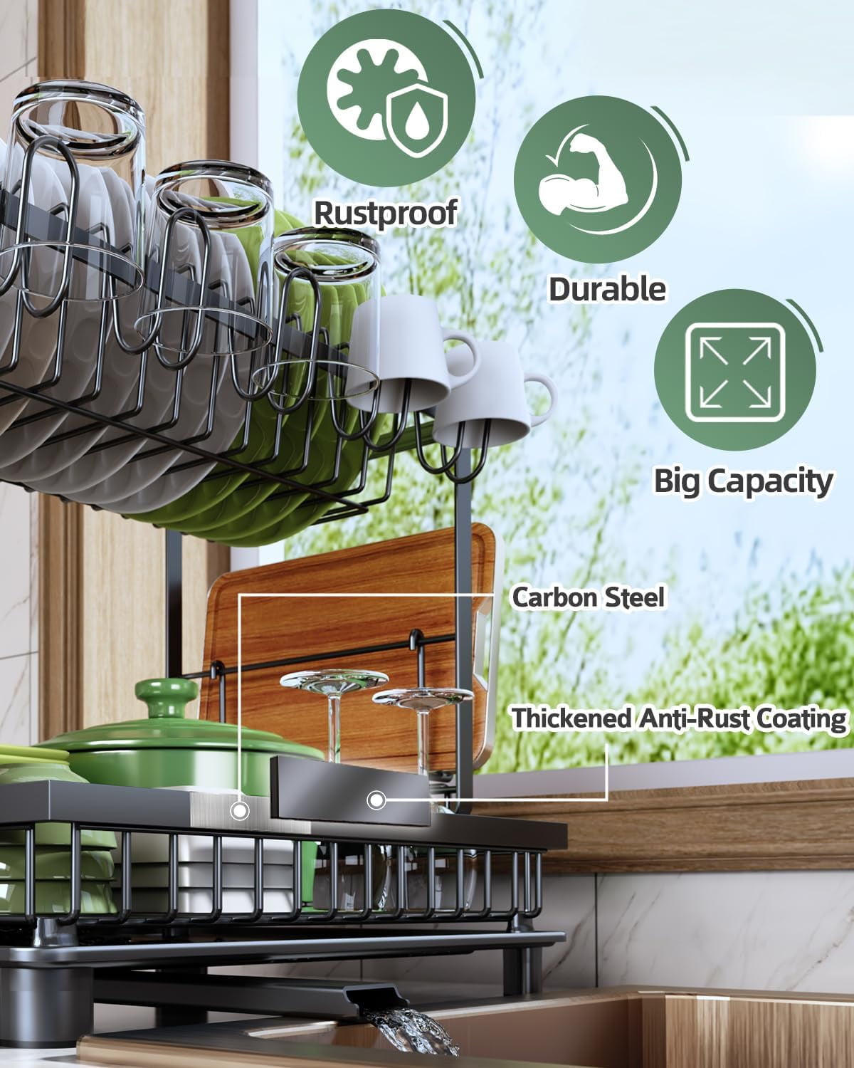 2 Tier Black Rustproof Carbon Steel Dish Drying Rack with Drainboard and Utensil Cup Holder