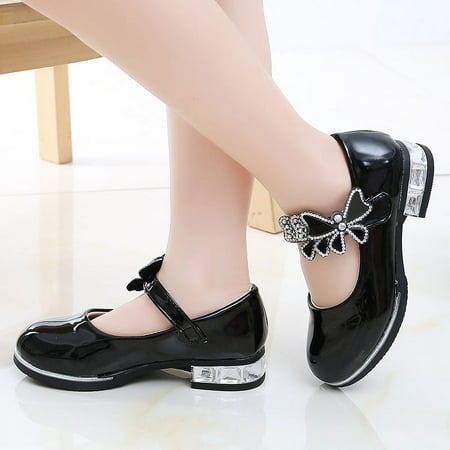 

Girls Leather Shoes 2022 Spring Summer PU Patent Leather Kids Dress Shoes High Heels Butterfly-knot Dress Shoes for Wedding Chic LD009Black 34(inner 21.2cm)