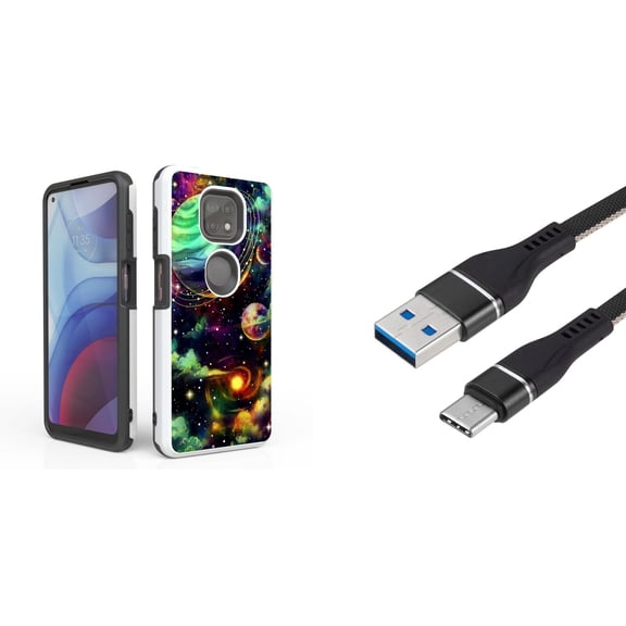 Bemz Accessory Bundle for Moto G Power (2021) Case with: Dual Shield Slim Rugged Hybrid Protective Cover, Fast Charging Sync USB-C to USB-A Cable (3 Feet) and Touch Tool - Planet Cosmos